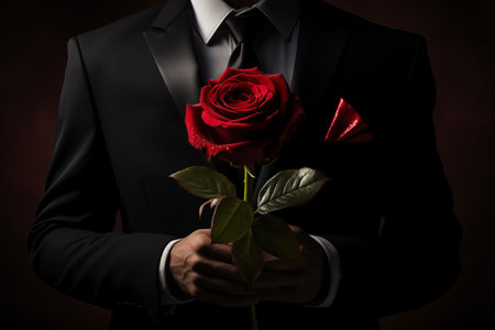 Mysterious Elegance: The Person in the Black Suit Embracing a Scarlet Roseの素材