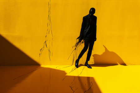 Vibrant Figure Standing on a Yellow and Black Surface in a 3:2 Aspect Ratioの素材