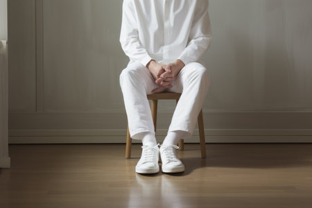 Aesthetic Minimalism: The Enigmatic Figure in White Pants and White Socks Gracefully Occupying the Fの素材