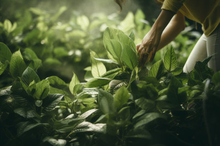 Natures Gentle Embrace: Exploring the Connection Through Person Touching Green Plants --ar 3:2の素材