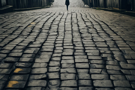 Silhouetted Serenity: A Person Strolling Along a Concrete Bricks Roadの素材
