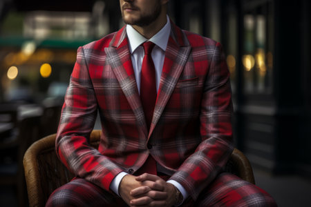 Bold and Fashionable: Exploring the Person Wearing a Red and Gray Plaid Suit Jacket --ar 3:2の素材