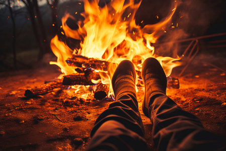 Capturing Warmth: A Glimpse of Persons Feet by the Bonfire --ar 3:2の素材