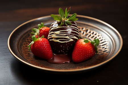 Succulent Temptation: Stunning Photo of Chocolate-Coated Strawberry on a Ceramic Plateの素材