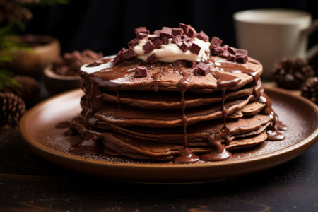 Indulge in Heavenly Chocolate Pancakes Served on a Ceramic Plate --ar 3:2の素材