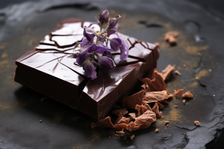Fragile Beauty: A Stunning Image of a Dried Flower Resting on Cracked Chocolateの素材