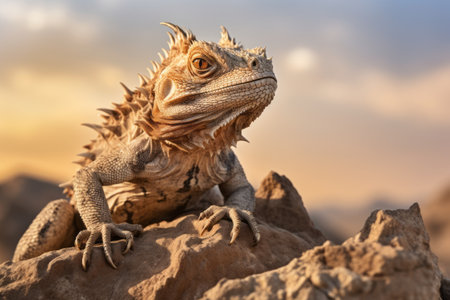 Majestic Encounter: Capturing the Horned Lizard Perched atop a Stone in a Striking AR 3:2 Imageの素材