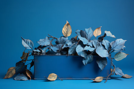 Vivid Snapshot: Captivating Leaves Resting on a Blue Box --AR 3:2の素材