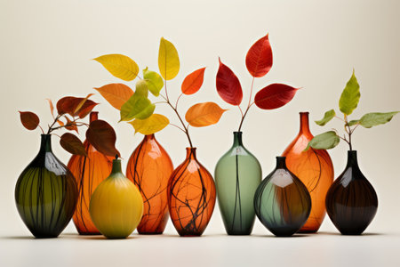 Fascinating Contrast: A Captivating Photo Composition of Leaves in Various Vases - AR 3:2の素材