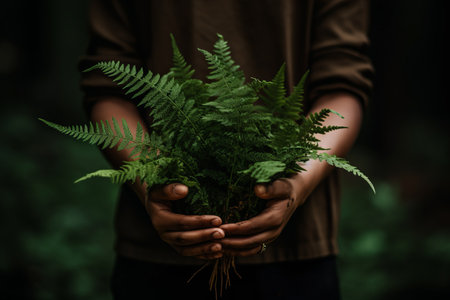 Capturing Natures Grace: A Mesmerizing Image of a Fern-Adorned Handの素材