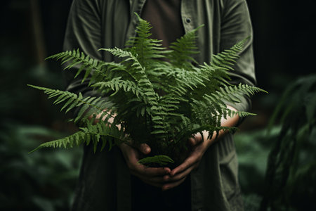 Captivating Image of Individual Grasping Lush Fern Leaves with an AR 3:2 Ratioの素材