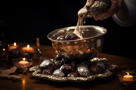 Delicious Temptation: Capturing the Art of Pouring Chocolate on a Silver Mini Bowlの素材