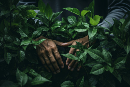 Capturing the Serenity of Human-Nature Connection: Person Harmonizing with Verdant Green Leaves -ARの素材