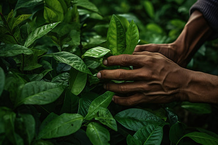 Embracing Natures Serenity: Captivating Photo of Person Engaging with Lush Green Leaves --ar 3:2の素材