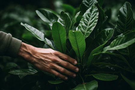 Natures Touch: Captivating Image of Hand Caressing Lush Green Leaves - AR 3:2 Photographの素材