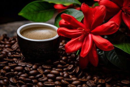 Coffee Aesthetics: Capturing the Beauty of a Red Petaled Flower Amidst Coffee Beansの素材