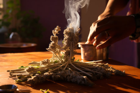 Spiritual Harmony Captured: The Serene Image of Sage Next to Palo Santo - AR 3:2の素材