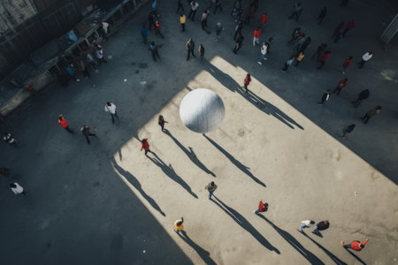 Capturing the Joy of Outdoor Play: Stunning Drone Shot of People Engaged in a Spirited Game of Catchの素材