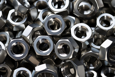 The Gleaming Treasure Trove: A Pile of Silver Hex Nuts in Stunning 3:2 Ratioの素材