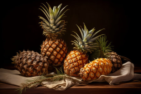 Tropical Delight: Discover the Close Proximity of Pineapple Fruit to Pine Conesの素材