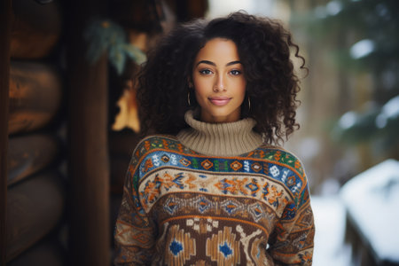 Captivating Ethnic Woman Flaunting a Cozy Casual Knitted Sweaterの素材