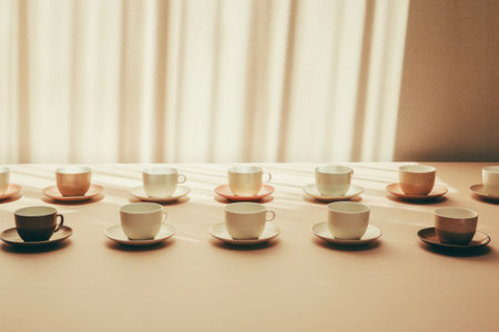 Simplicity in Soft Shades: Empty Cups Adorn Beige Tableの素材