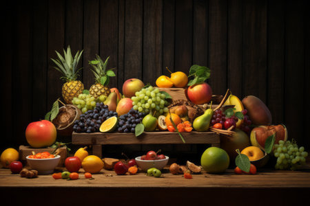 Natural Delicacies: Exquisite Fruits Enjoying Wooden Ambiance --ar 3:2の素材