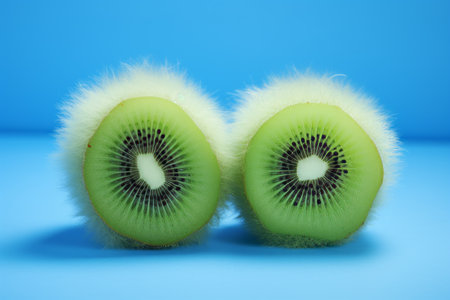 Playful Contrasts: Kiwi Halves Framed by Vibrant Fur Pom Pomsの素材