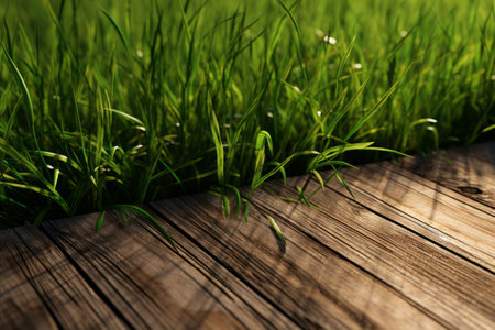 Harmony of Colors: Captivating Green Grass Meets Warm Brown Wooden Floor â AR 3:2の素材