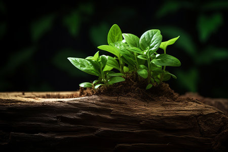 Nurturing Natures Beauty: A Green Plant Flourishes on a Rustic Brown Wooden Logの素材