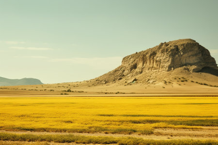 A Majestic Contrast: The Green Rocky Mountain and Dry Yellow Field in an AR 3:2 Perspectiveの素材