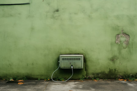 Vibrant Green Rectangular Machine Commanding a Grey Daytime Wall (AR 3:2)の素材