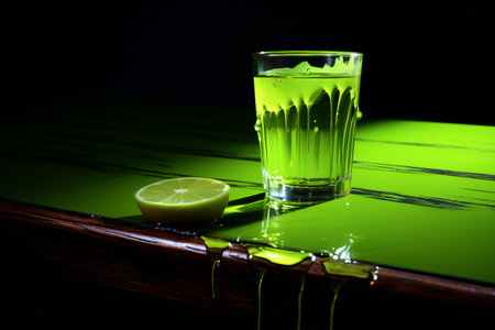Refreshing Sips: Exploring a Green Table with Water Droplets and a Glass of Juiceの素材