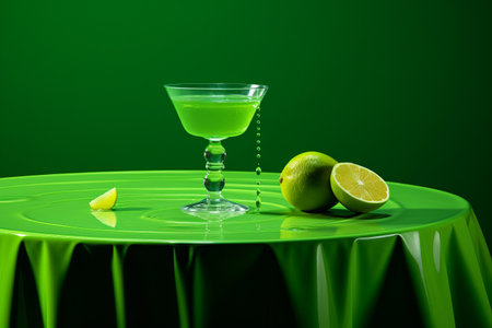 Refreshing Moments: A Vibrant Green Table with Glistening Drops and a Glass of Juice - AR 3:2の素材