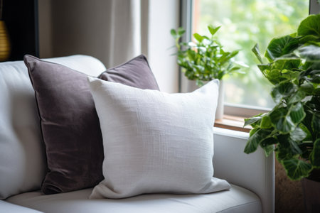 Cozy Contrasts: The Grey Throw Pillow Illuminating the White Sofa by the Windowの素材
