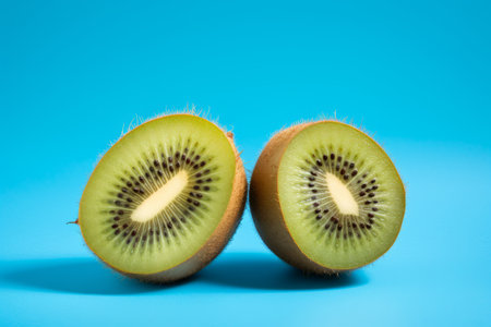 Vibrant Halves: Ripe Kiwi Pops on a Mesmerizing Blue Canvas --ar 3:2の素材