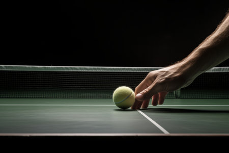 Striking a Winning Stance: A Potent Players Hand Holding a Racket and Ball on a Tennis Tableの素材