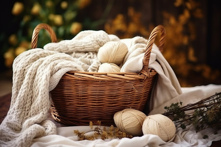 Cozy Handmade Knitted Blanket Nestled in a Wicker Basket: Craftsmans Haven â AR 3:2の素材