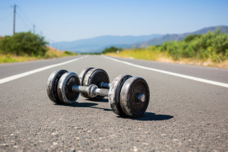 Building Strength: Unyielding Iron Dumbbells Conquer the Asphalt Roadの素材