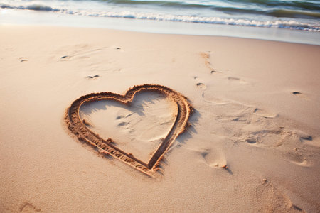 Whimsical Heart Drawing Adorning a Tranquil Sandy Beach - AR 3:2の素材
