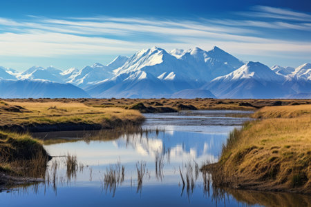 Elements of Serenity: A Captivating Landscape featuring Mountain Peak and Reflecting Marsh under a Bの素材