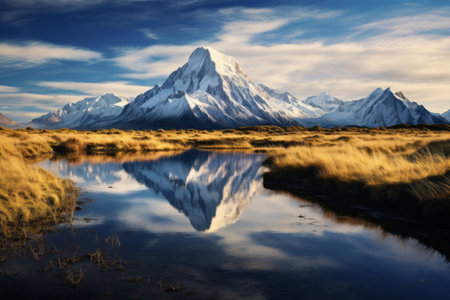 Natures Serene Tapestry: A Majestic Mountain Peak and Tranquil Marsh Mirroring the Azure Skyの素材