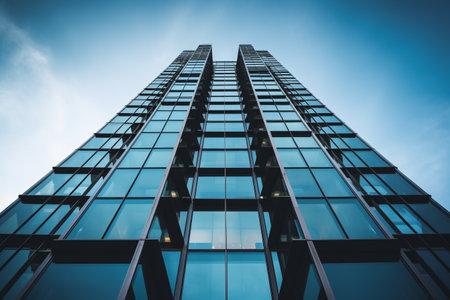 Captivating Perspectives: A Striking 3:2 Low-Angle Shot of a High-Rise Glass Buildingの素材