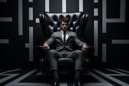 Contrasting Colors: The Stylish Man in the Black and White Jacket Teases Elegance While Seated on aの素材