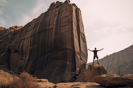 Exploring Natures Wonders: The Enigmatic Man in Black Shorts Conquers a Majestic Rock Formation --aの素材