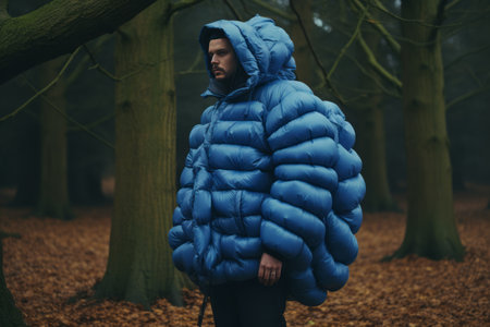The Enigmatic Figure: Blue Bubble Jacket Man Posing by a Tree --AR 3:2の素材