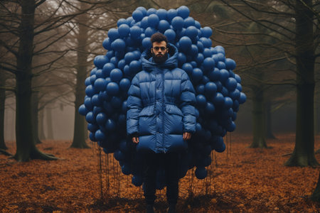 Captivating Encounter: Man Resplendent in Blue Bubble Jacket Embracing Nature under 3:2 Skyの素材