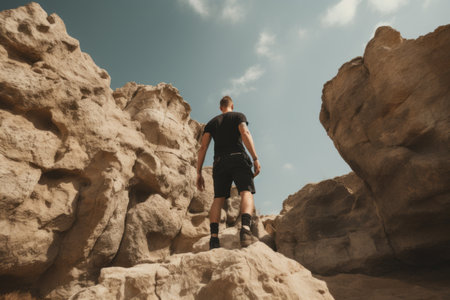 The Enigmatic Encounter: A Man in Black Shorts Engaging with a Mystical Rock Formation --ar 3:2の素材