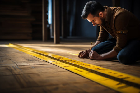 Precision at Work: A Mans Expertise with the Measurement Yellow Tape on a Wooden Plank (AR 3:2)の素材
