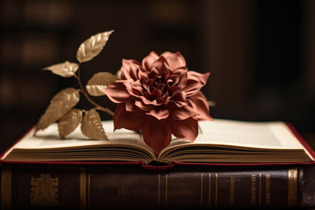 Blooming Knowledge: A Maroon Flower Accentuates the Brown Bookの素材